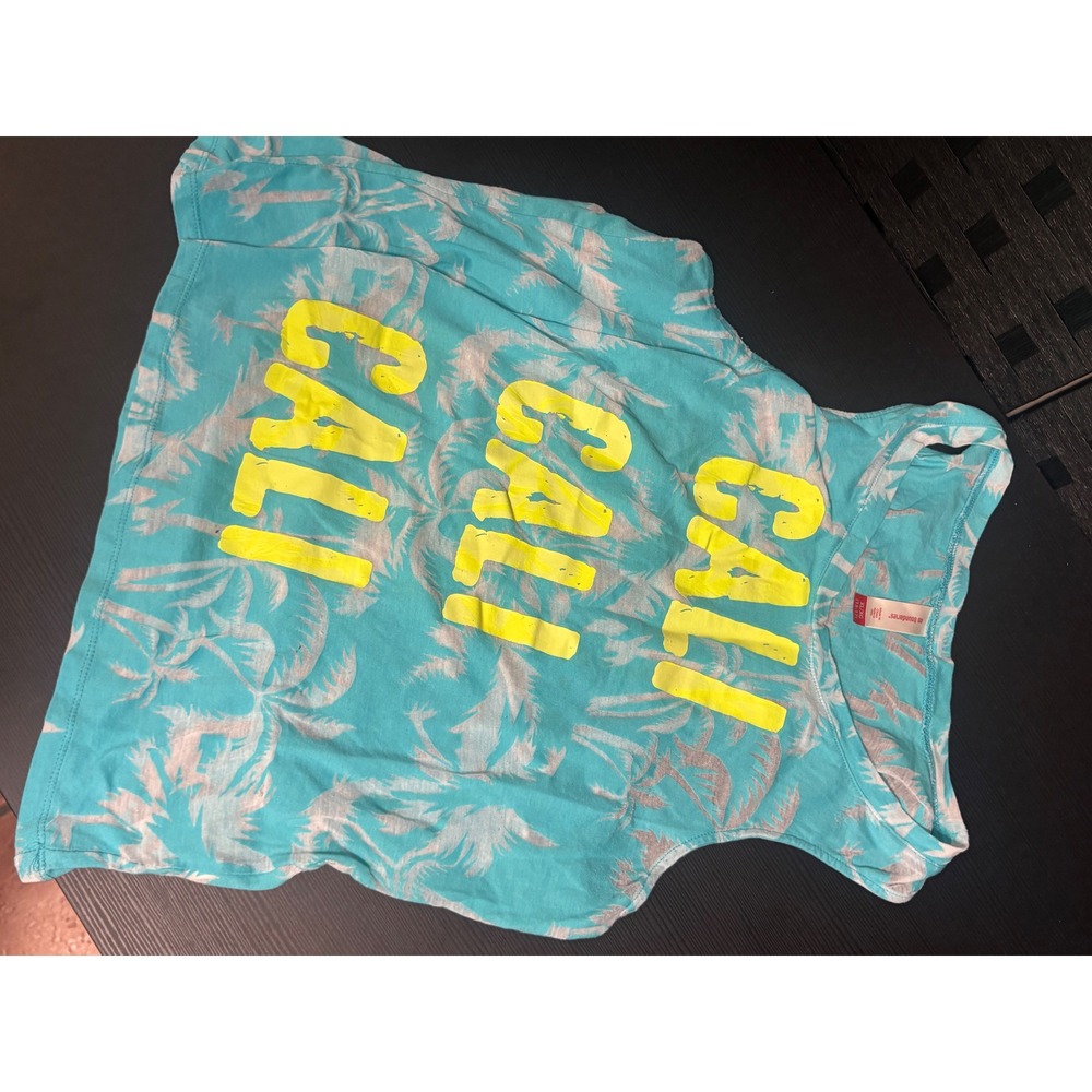 Women's no boundaries sheer palm trees cali tank top blue yellow size XL